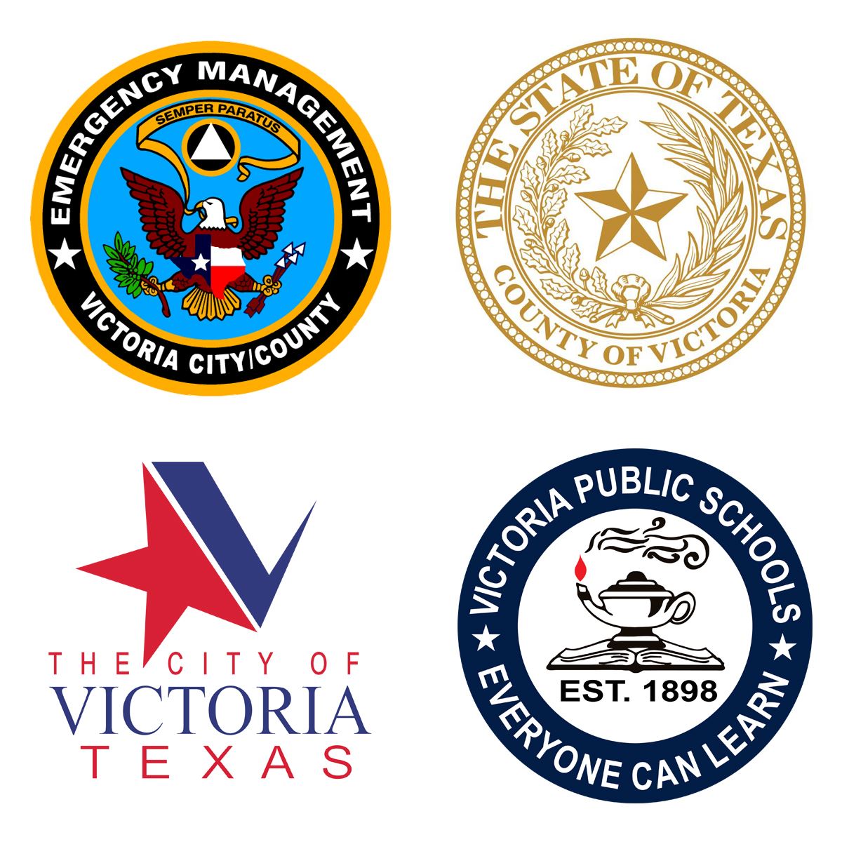 Logos for the Office of Emergency Management, Victoria County, the City of Victoria and Victoria ISD