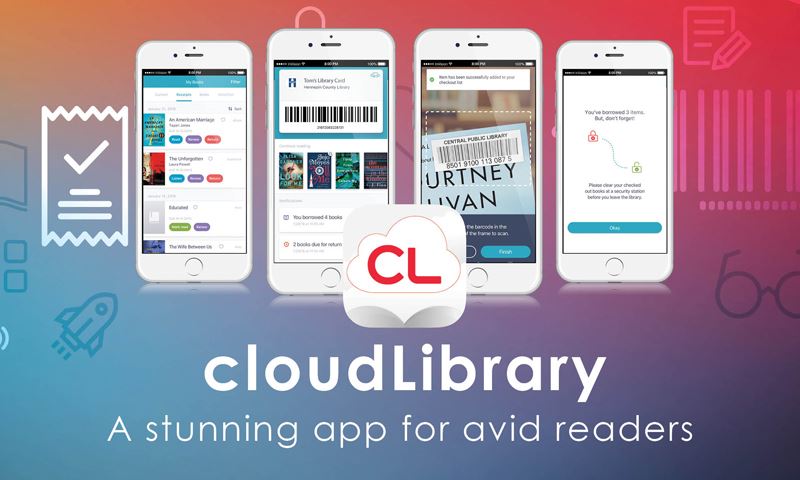 Images of phones with screens from CloudLibrary. Text: CloudLibrary, a stunning app for avid readers