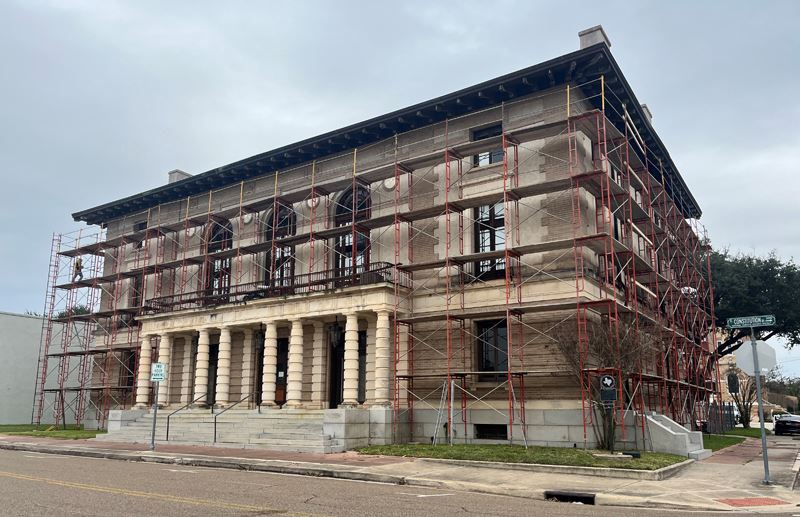 The old federal building covered in scaffolding