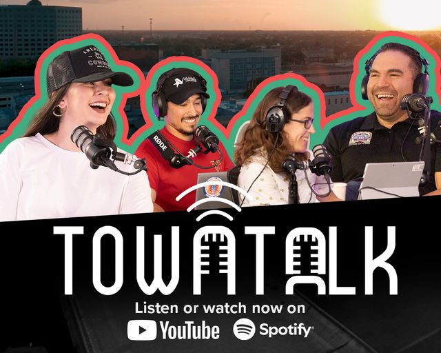 Composite image of Communications staff and City manager with Town Talk logo.