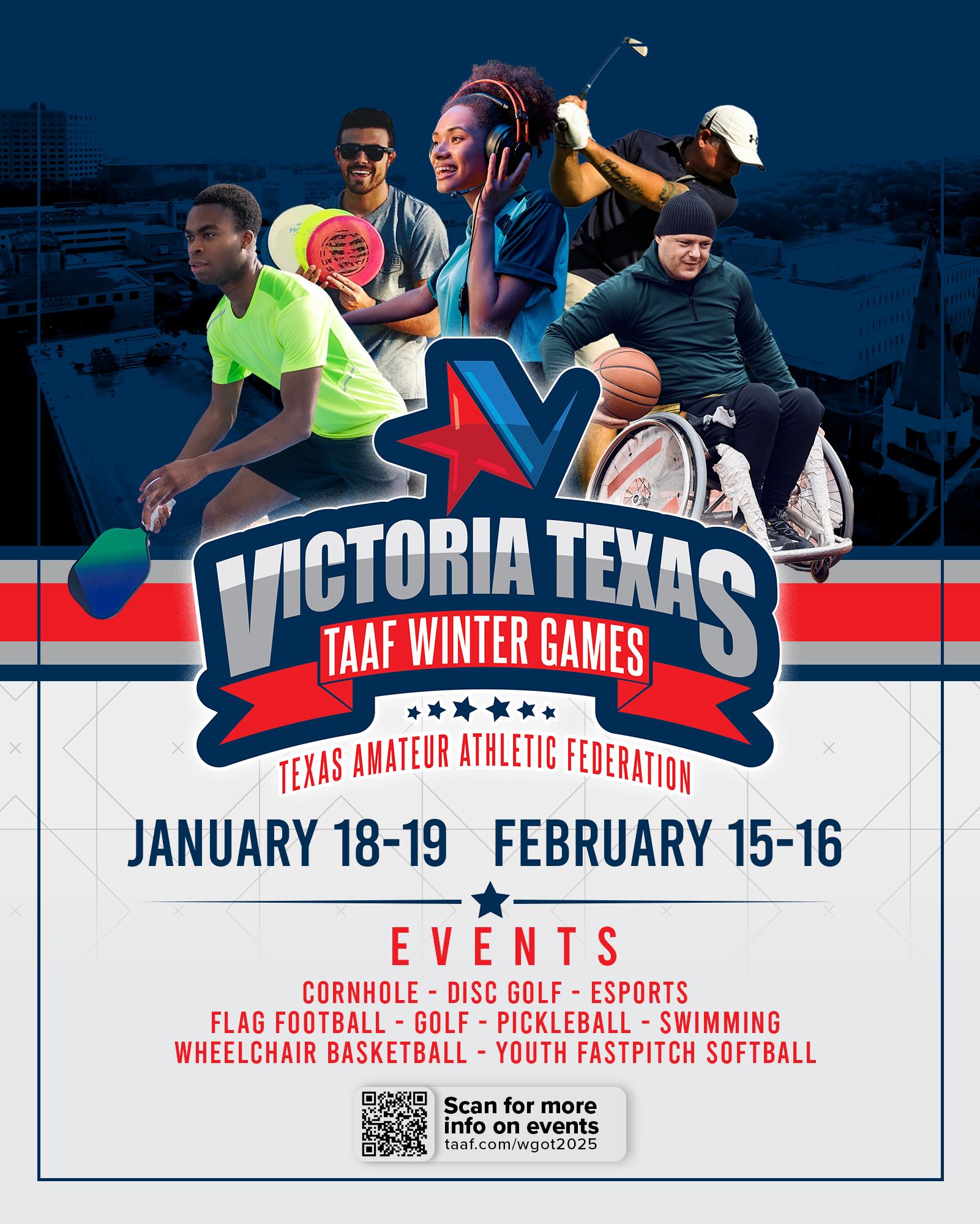 TAAF Winter Games. Including corn hole, disc golf, e-sports, flag football, golf and pickleball.
