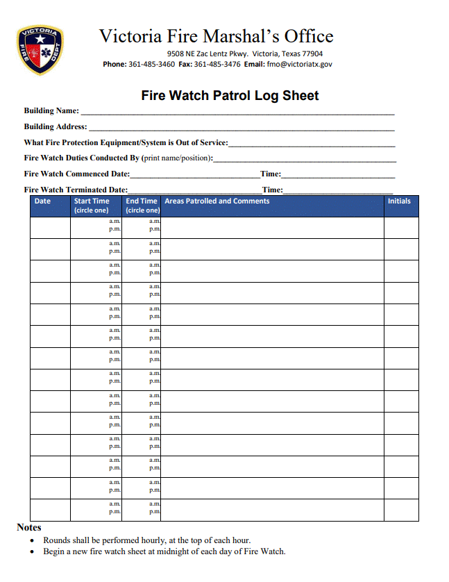 Fire Watch Log Sheet