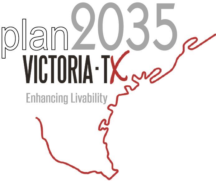 Victoria 2035 Comprehensive Plan Logo. The logo uses the outline of the South Central Texas Coast an