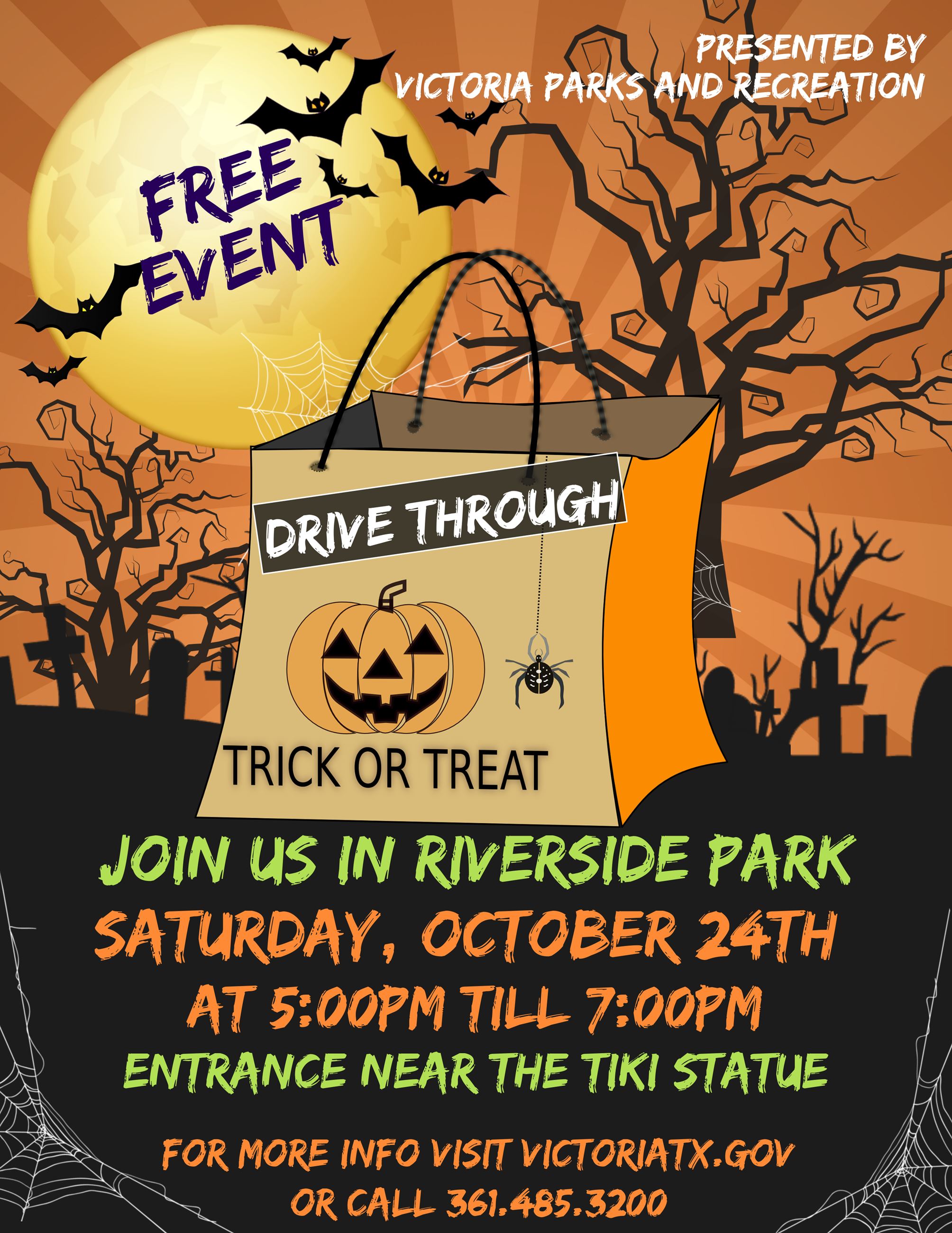 Free event presented by Parks & Recreation. Drive-thru trick-or treat in Riverside Park 5-7 p.m.
