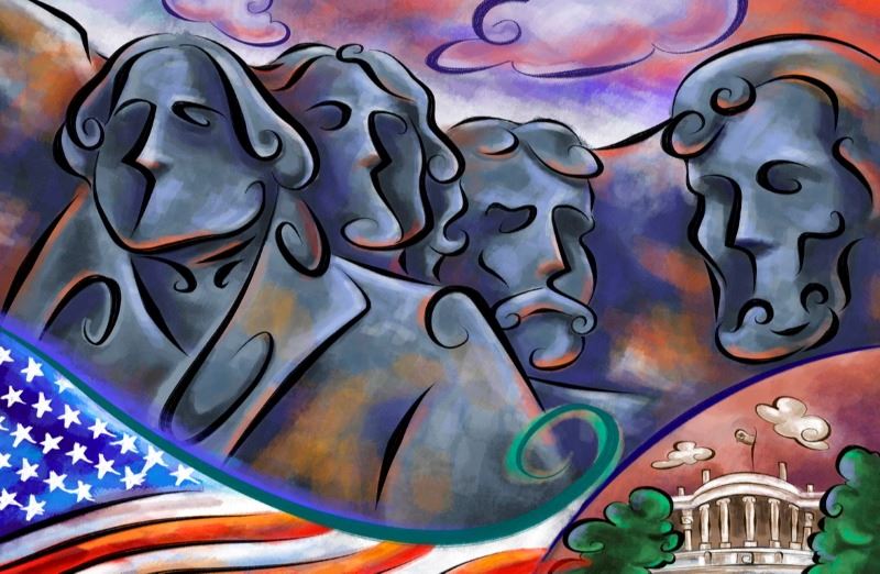 Impressionistic illustration of Mount Rushmore with a U.S. flag and the White House