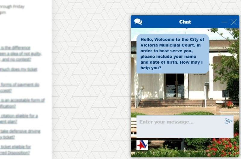 Screenshot shows a pop-up chatbox for City of Victoria Municipal Court on a City webpage.
