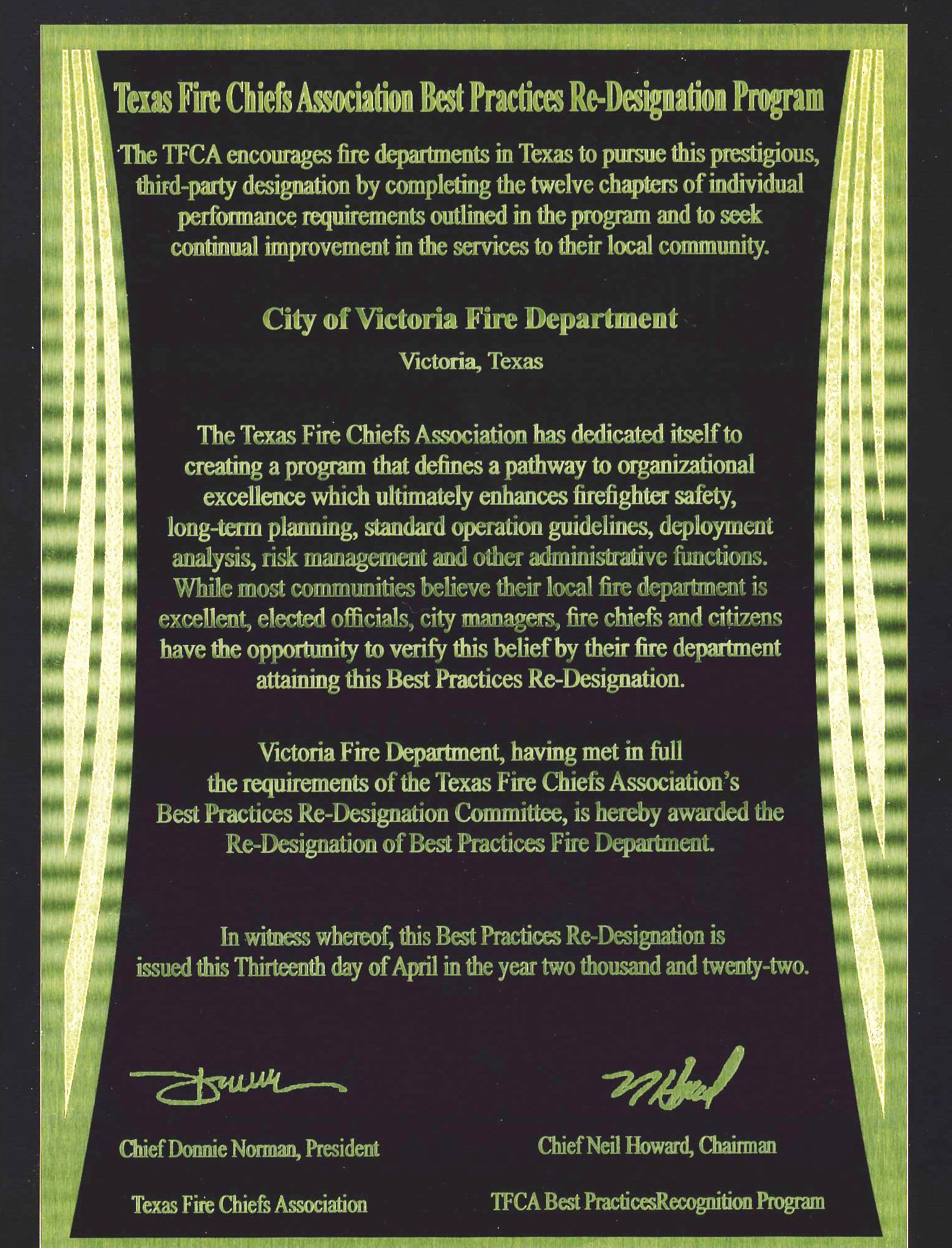 Plaque naming the City of Victoria Fire Department a Best Practices Fire Department