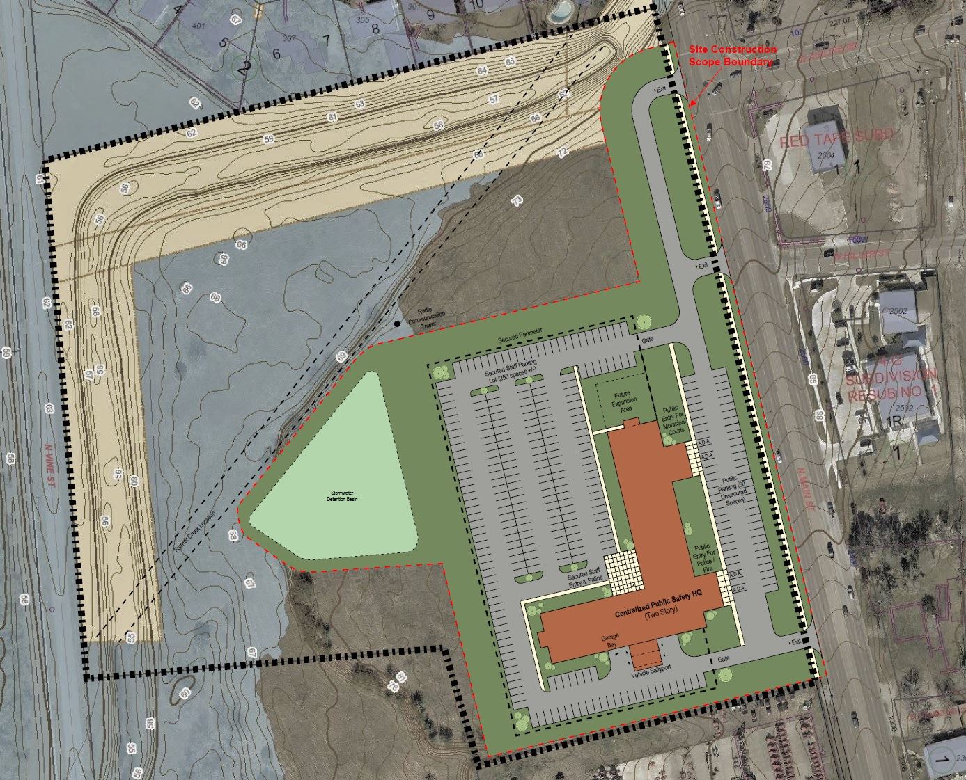 Map showing new public safety headquarters on empty land on Main Street