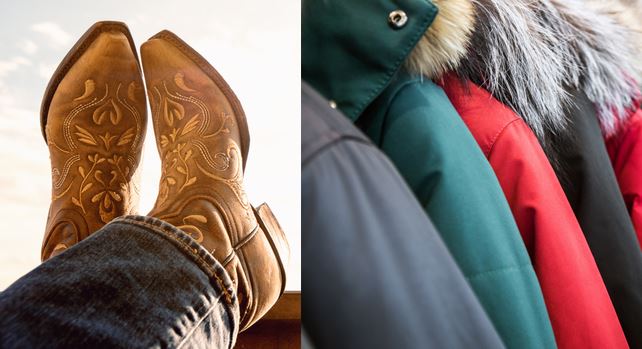 Side by side images of boots and coats