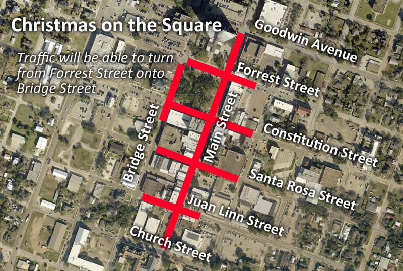 Map shows closure of Main Street, side streets and Plaza boundaries downtown