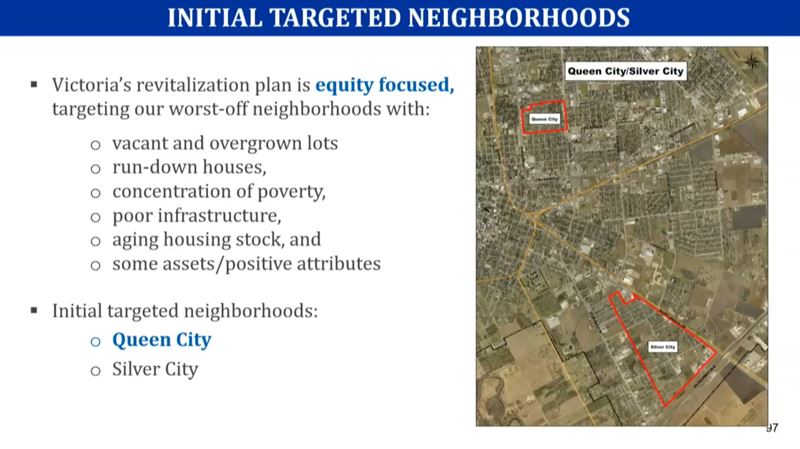 A PowerPoint slide. Text says revitalization plan is equity focused, targeting worst neighborhoods
