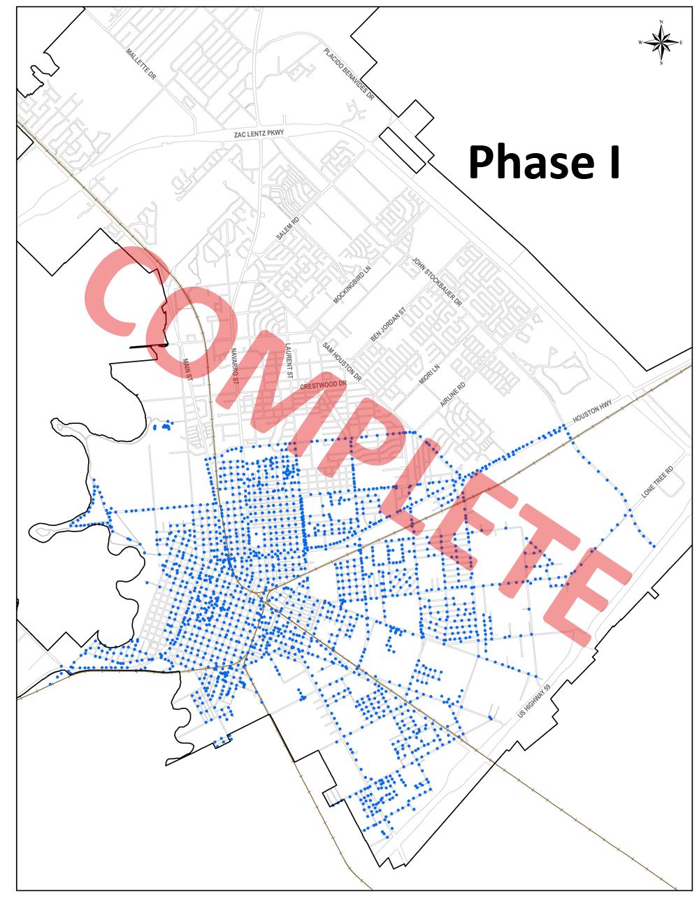 A map showing blue dots concentrated on the south side of Victoria, overlaid with the word Complete.