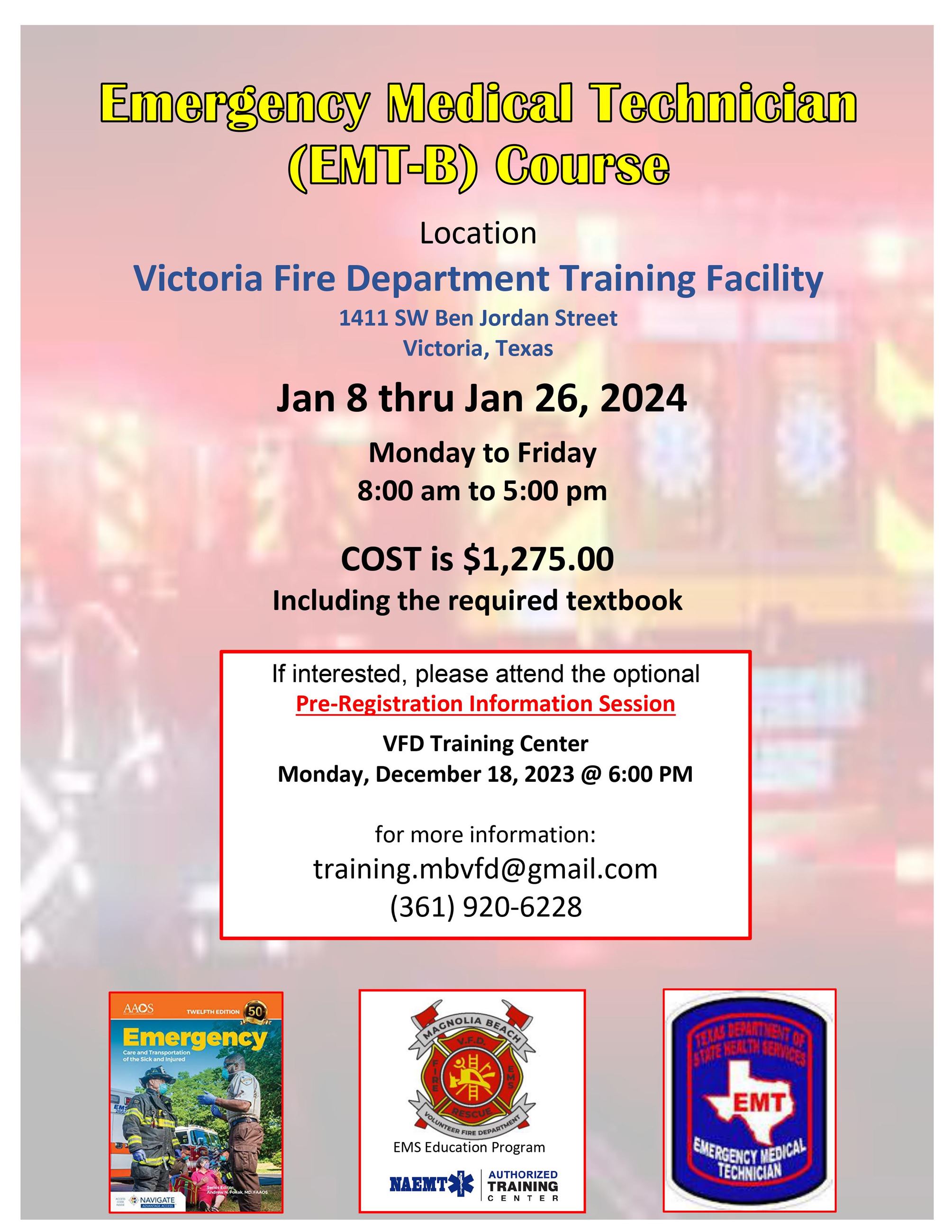 Poster for training course. Victoria Fire Department training facility. Jan. 8 through 26 8 to 5