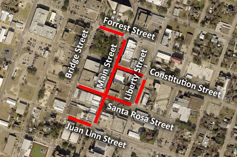 A map showing closures on Main Street and surrounding side streets downtown