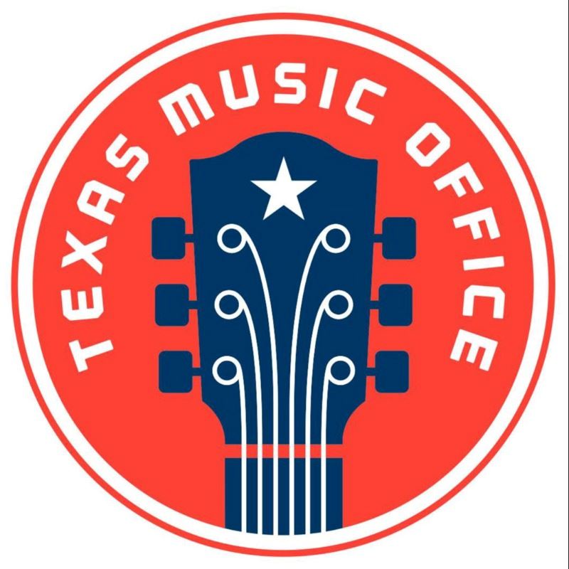 The Texas Music Office logo, a blue guitar on a red circular background