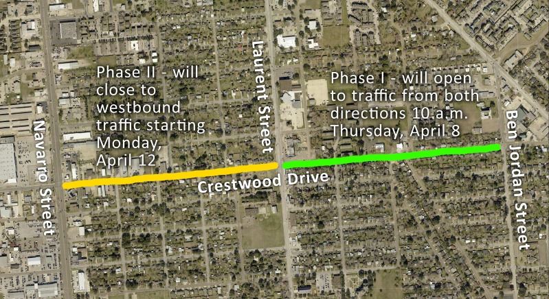 Map: Crestwood will reopen from Ben Jordan to Laurent and close westbound from Laurent to Navarro.
