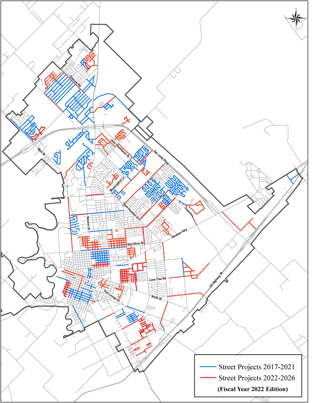Map showing previous five and next five years of street projects according to the five-year CIP.