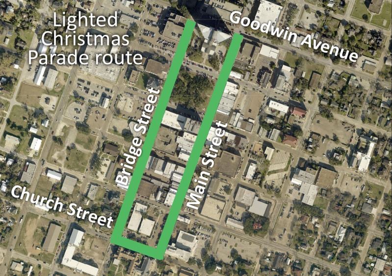 Map of parade route that starts at Goodwin and Main, heads south to Church and goes north on Bridge.