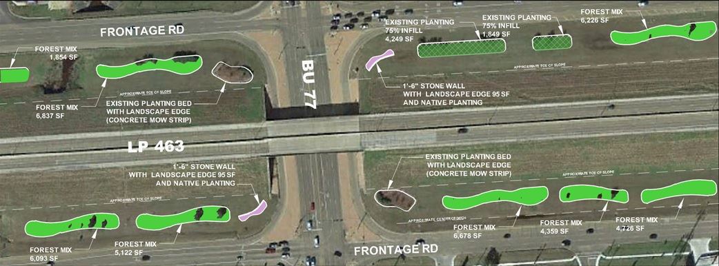 Map showing flowerbeds and tree plantings at Navarro and the Loop