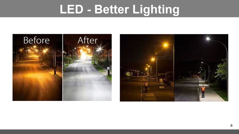 Side-by-side photos contrasting faint, amber-colored HPS lighting with bright, white LED lighting.