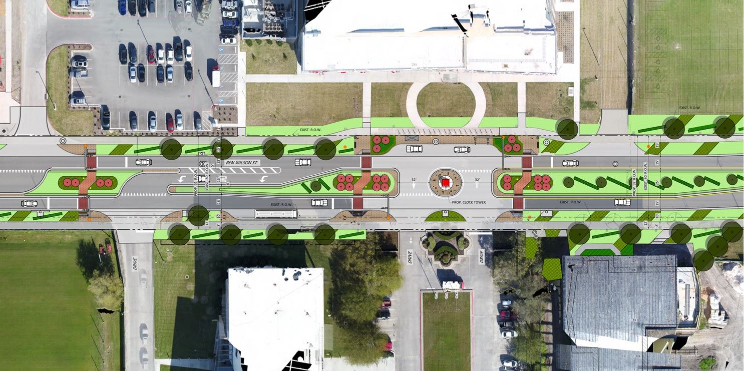 Overhead view of the road layout showing dividers and turning lanes