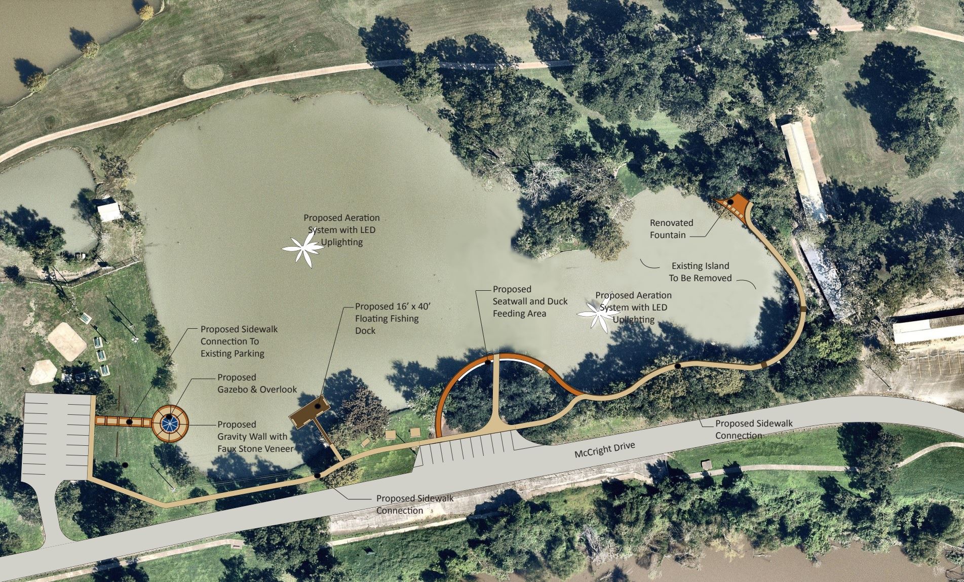 New duck pond overhead view showing new gazebo overlook, sidewalks, fishing dock and fountains.